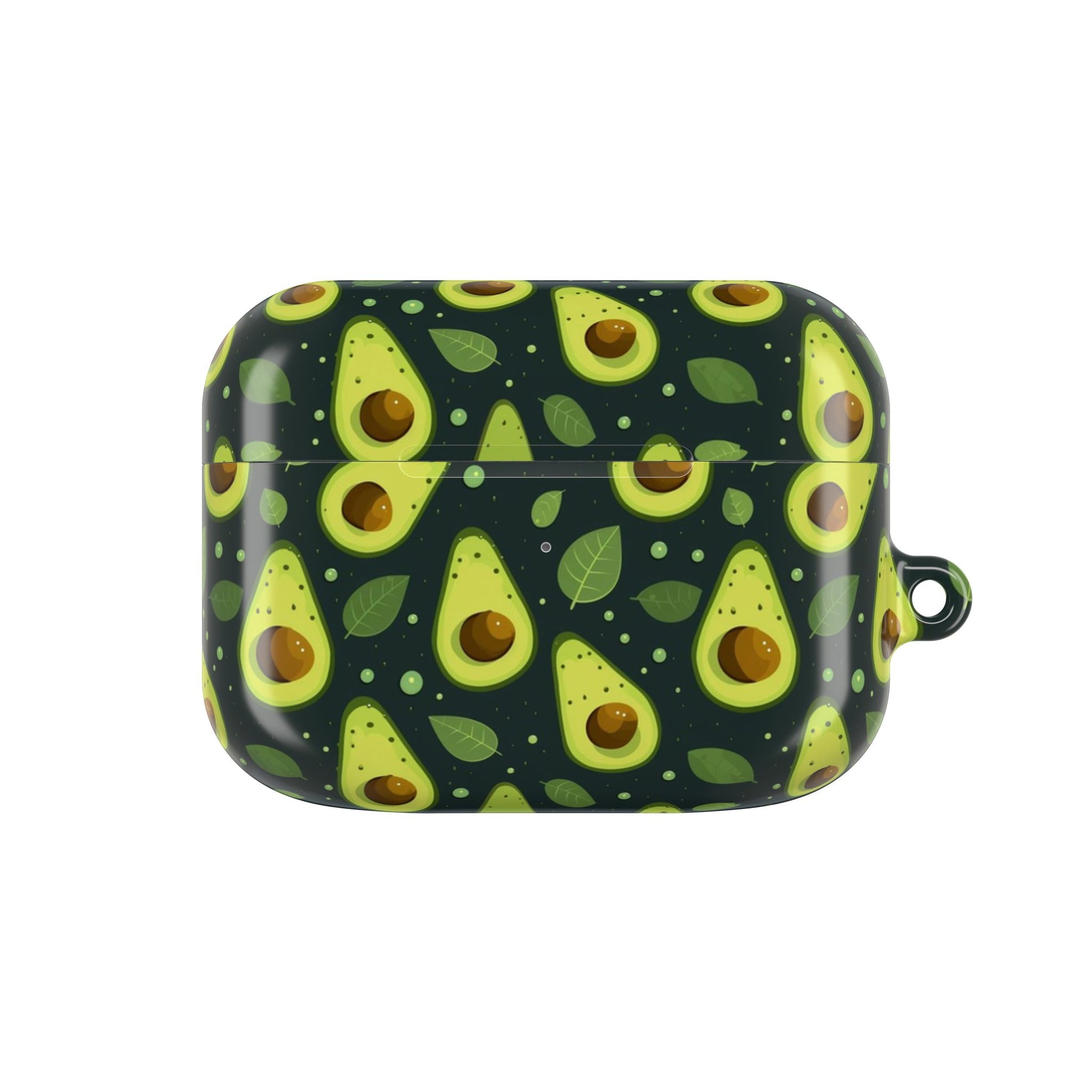 AirPods case with avocado pattern on a white background