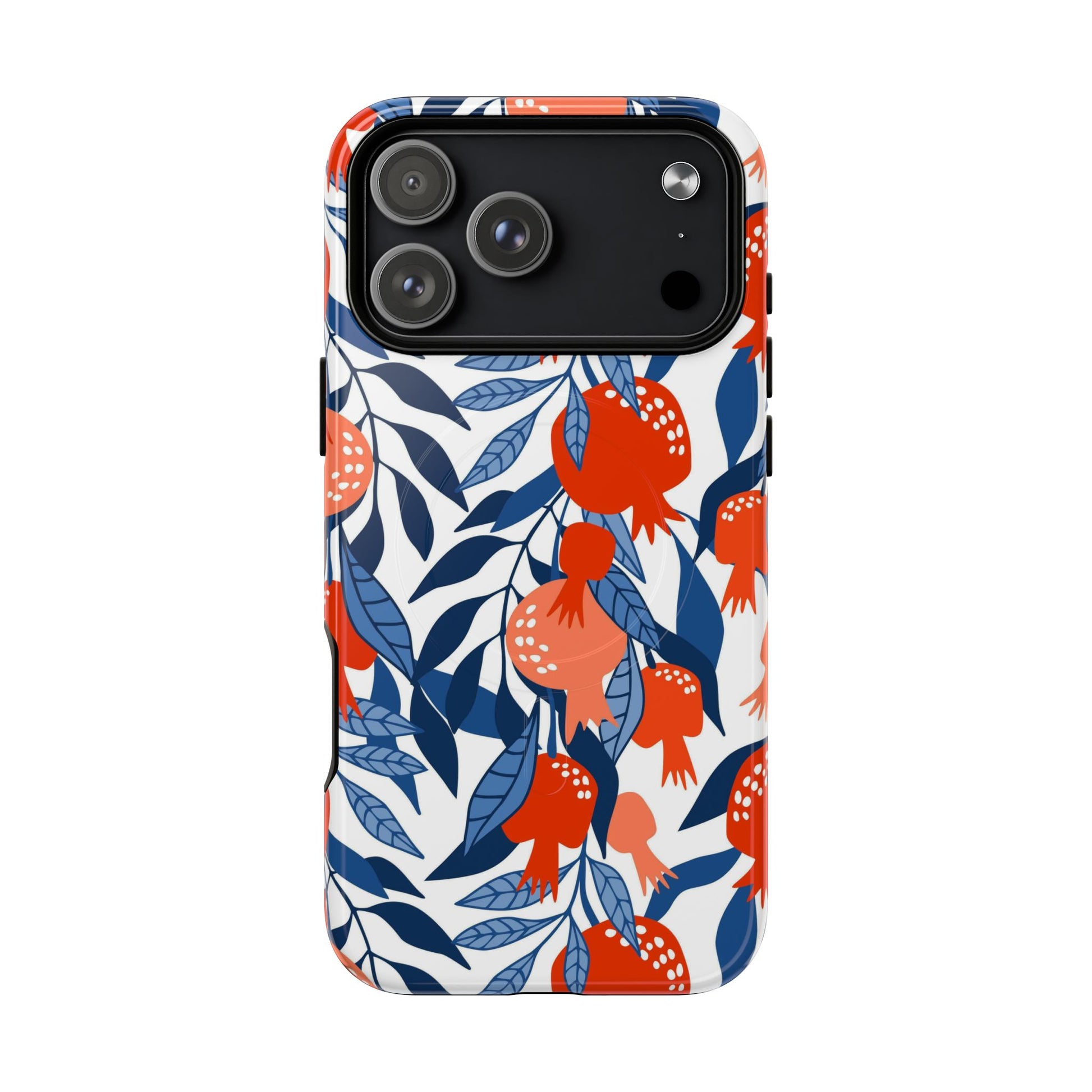 Phone case with pomegranate and leaf pattern on a white background