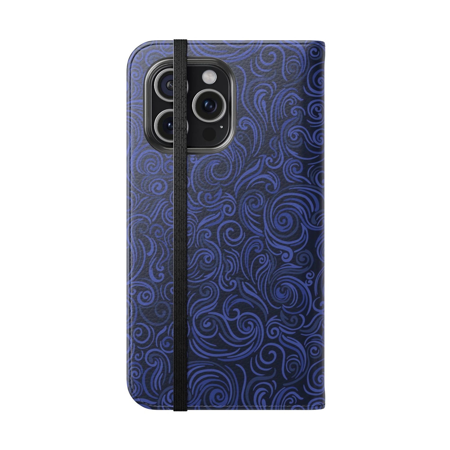 Blue patterned phone case with a black strap on a white background