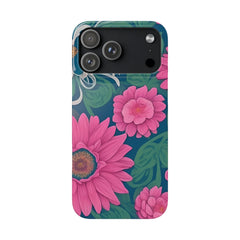 Phone case with pink flowers and green leaves on a blue background