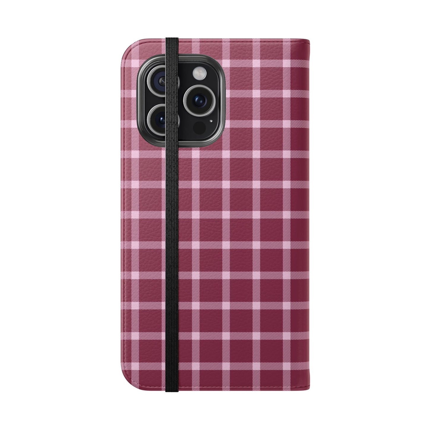 Phone case with a red and white plaid pattern on a white background