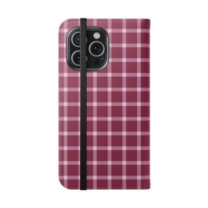 Phone case with a red and white plaid pattern on a white background