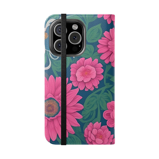 Phone case with pink floral design on a blue background