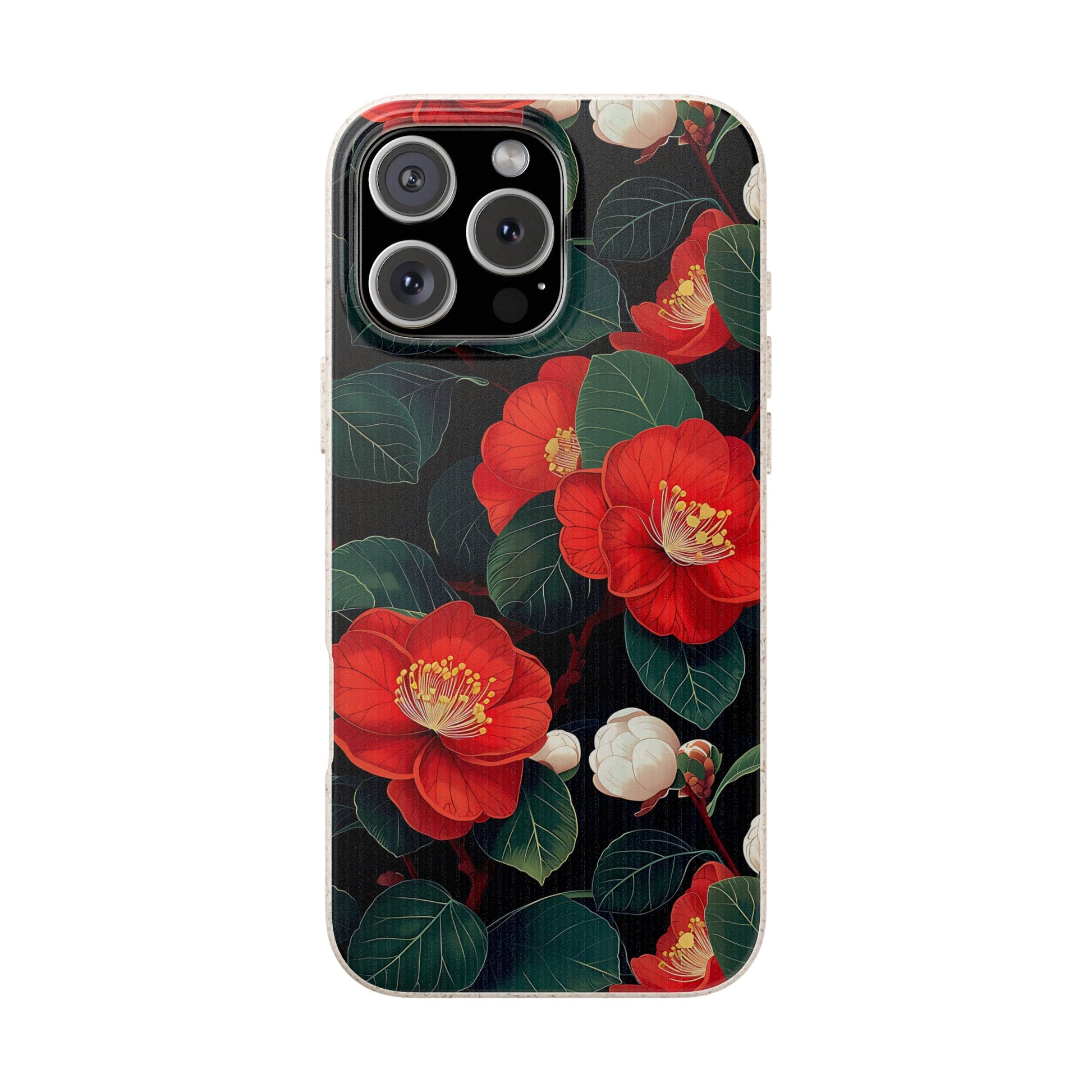 Phone case with red floral design on a black background