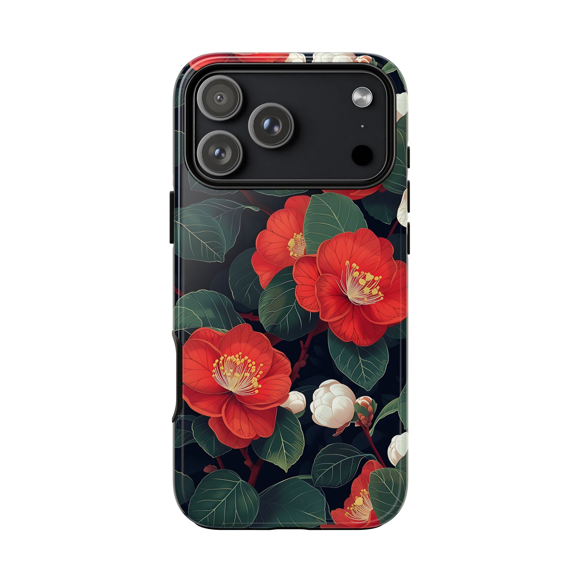 Phone case with red floral design on a black background