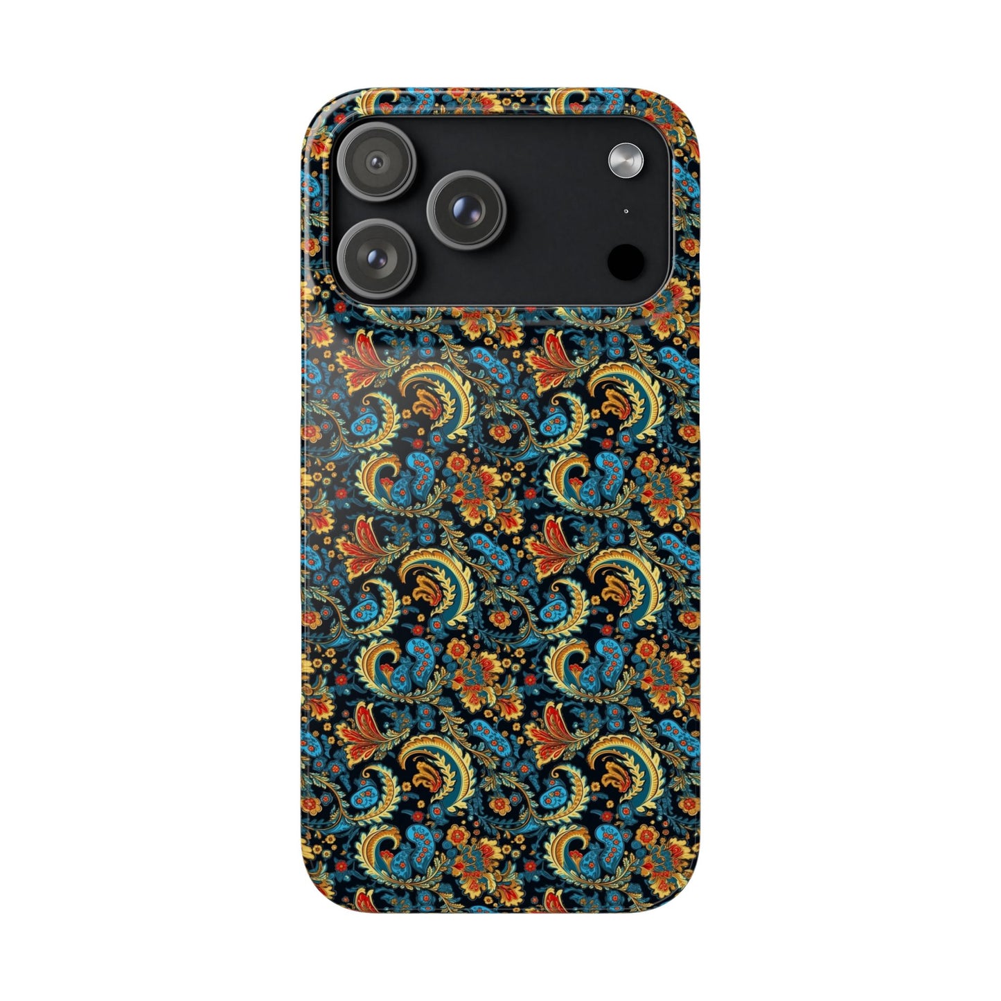 Phone case with a colorful paisley pattern on a white background