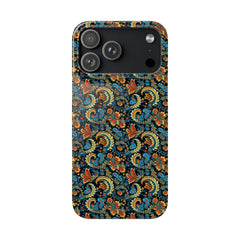 Phone case with a colorful paisley pattern on a white background