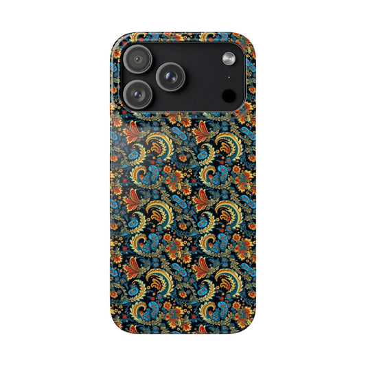 Phone case with a colorful paisley pattern on a white background