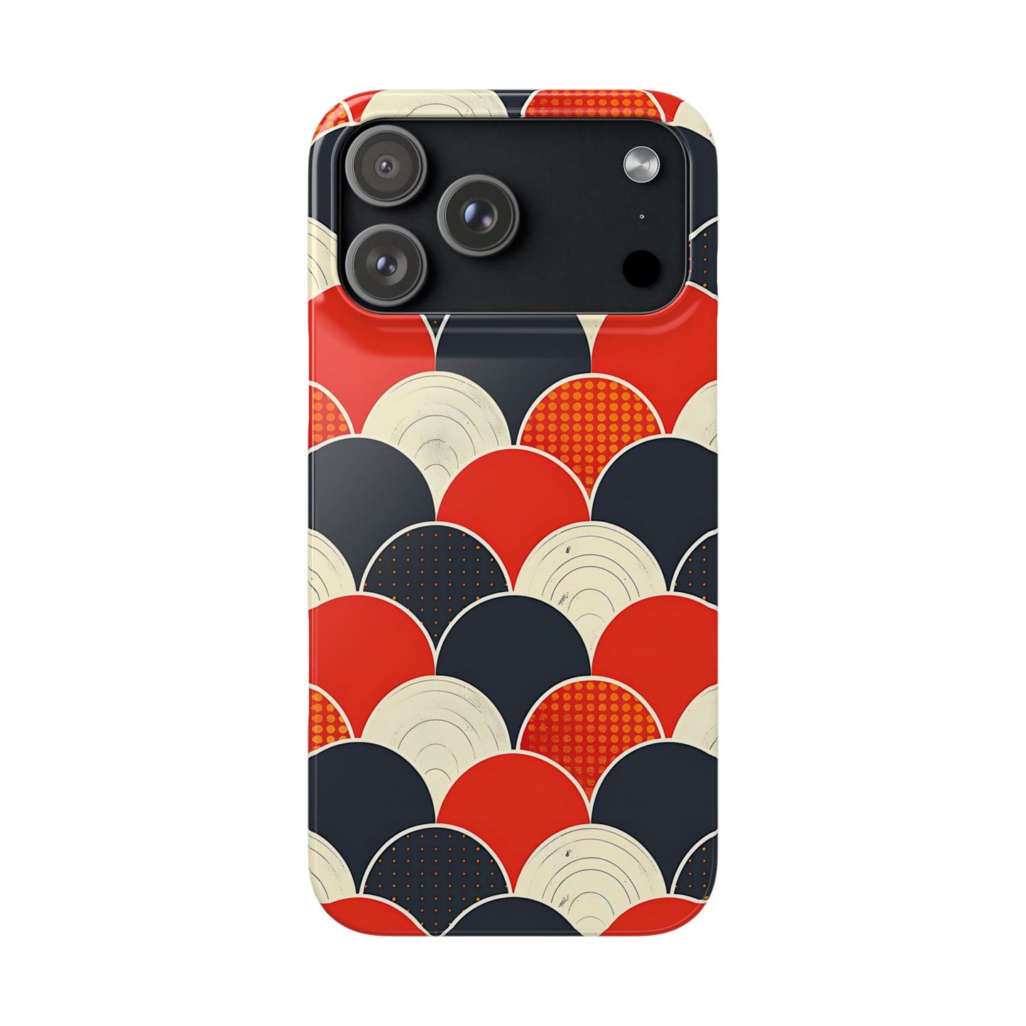 Phone case with a colorful geometric pattern on a white background