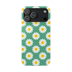 Phone case with daisy pattern on a green background