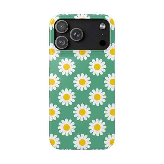 Phone case with daisy pattern on a green background