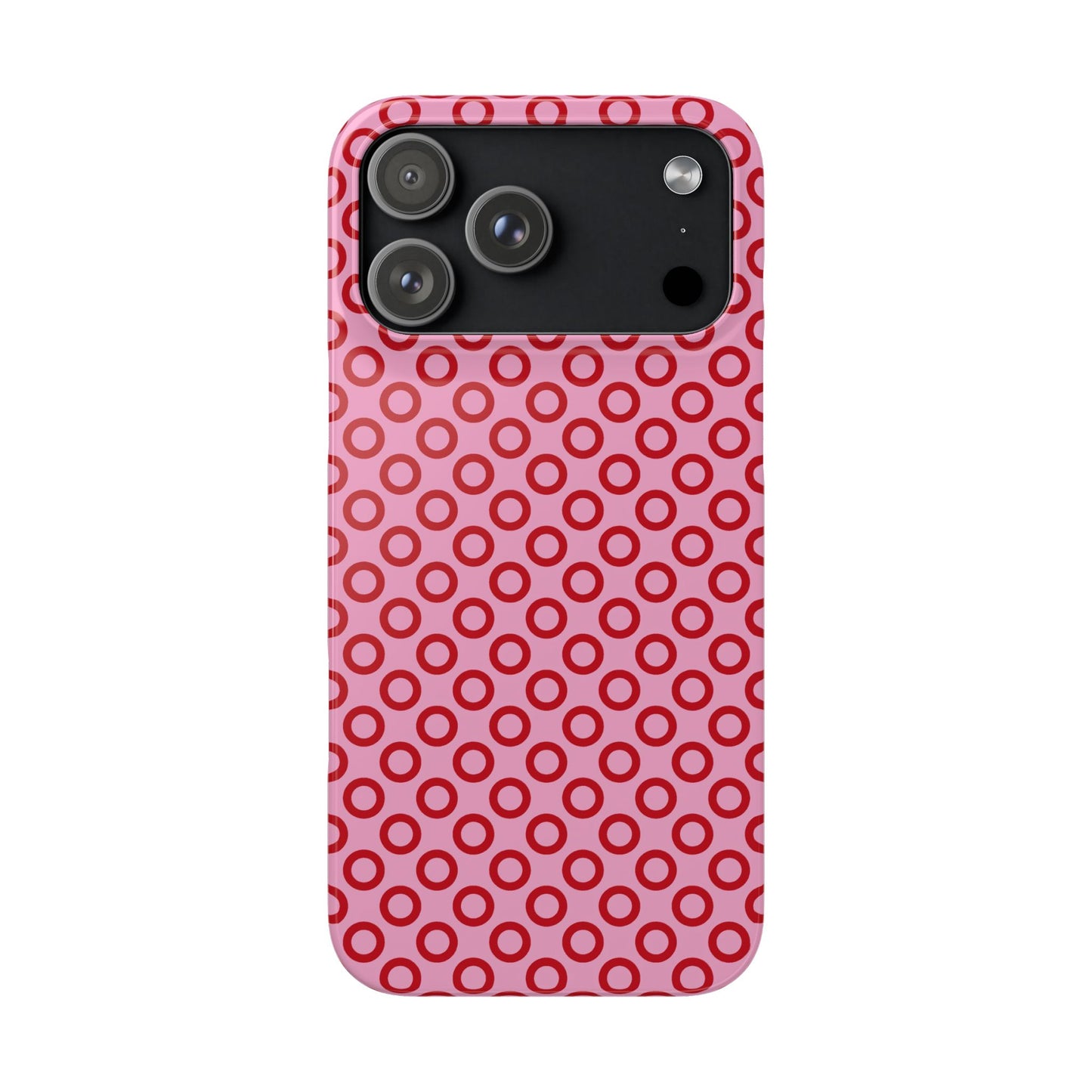 Phone case with red circular pattern on a pink background
