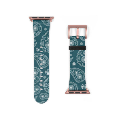 Teal patterned watch band with rose gold hardware on a white background
