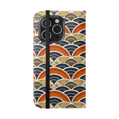 Phone case with a geometric wave pattern in orange, blue, and beige on a white background
