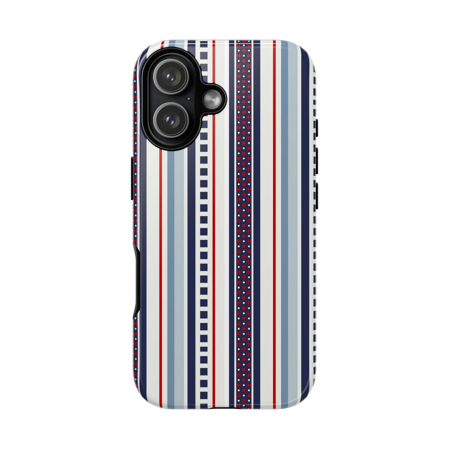 Phone case with red, white, and blue striped pattern on a white background
