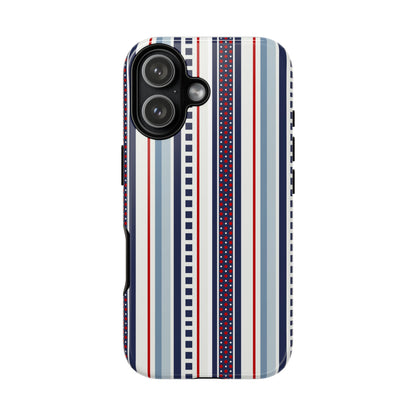 Phone case with red, white, and blue striped pattern on a white background