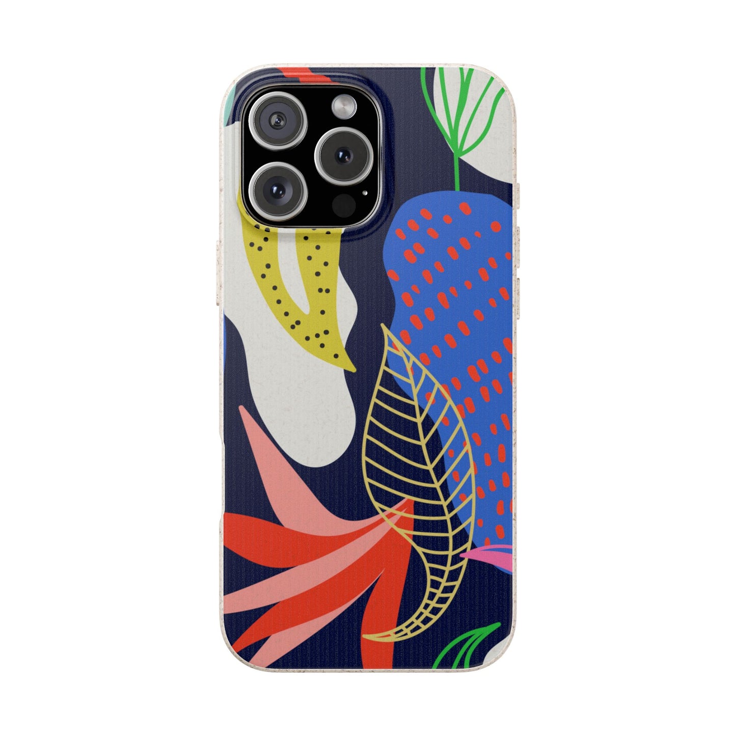 Phone case with colorful abstract design on a white background