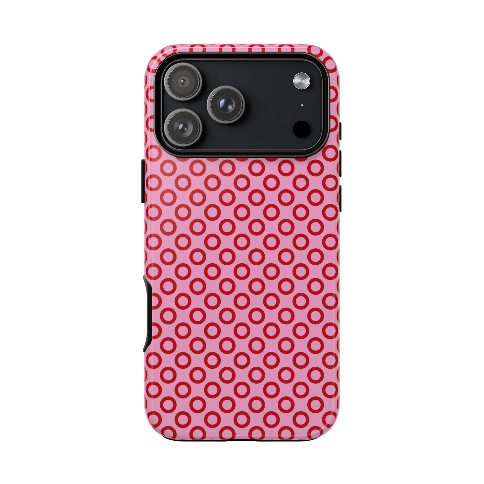 Phone case with red circular pattern on a white background