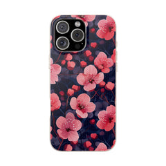 Phone case with pink floral design on a dark background