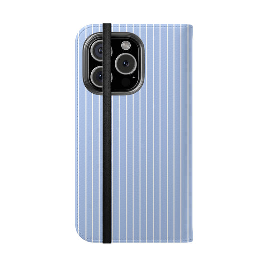 Phone case with blue and white striped pattern on a white background