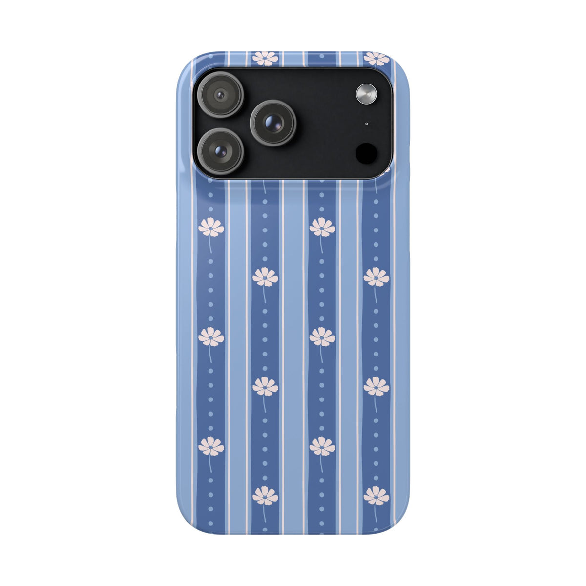 Phone case with blue striped pattern and white flowers on a white background