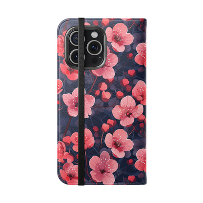 Phone case with pink floral design on a dark background