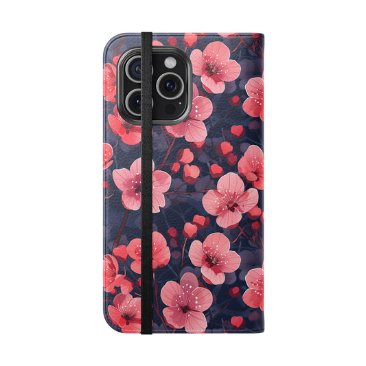 Phone case with pink floral design on a dark background