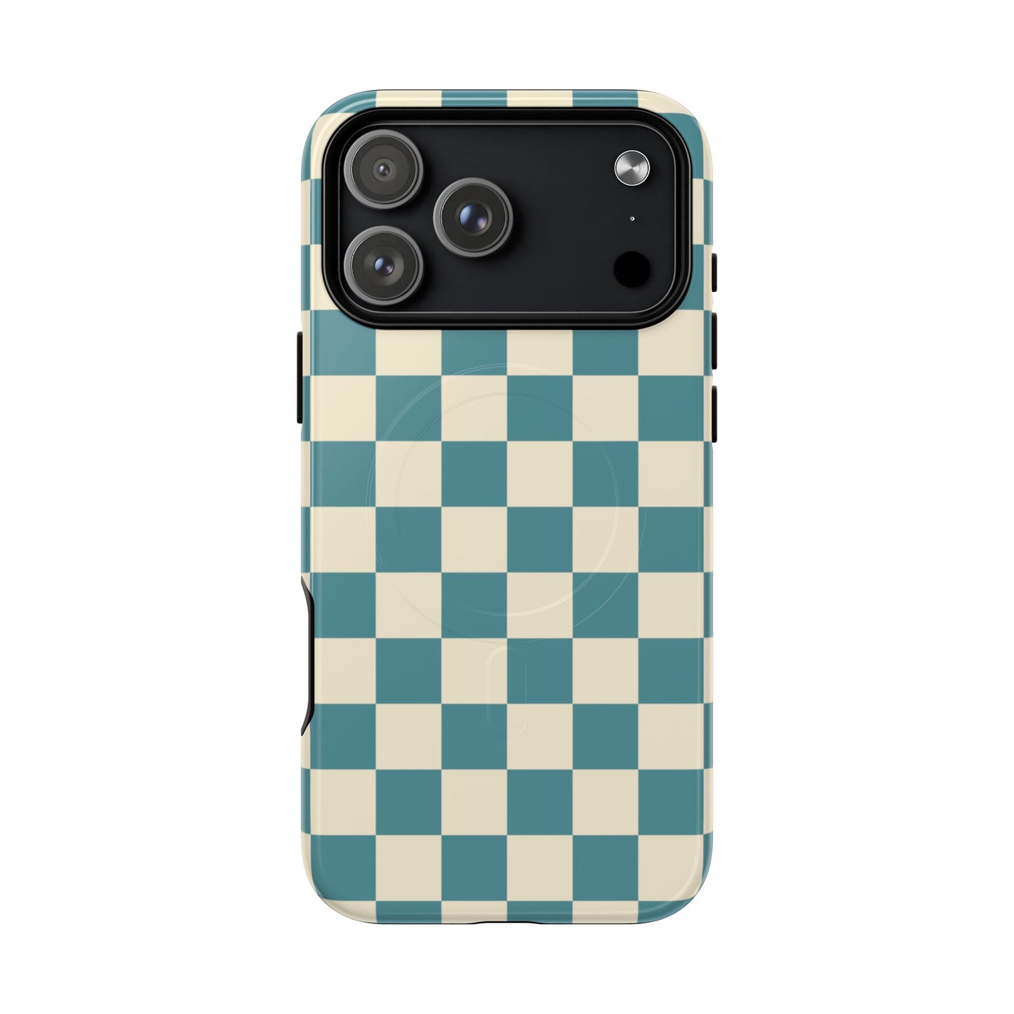 Checkered phone case with blue and beige pattern on a white background