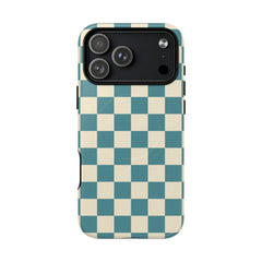 Checkered phone case with blue and beige pattern on a white background