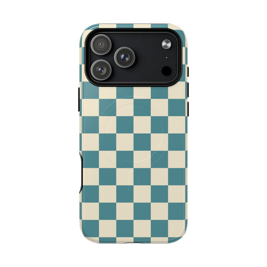 Checkered phone case with blue and beige pattern on a white background