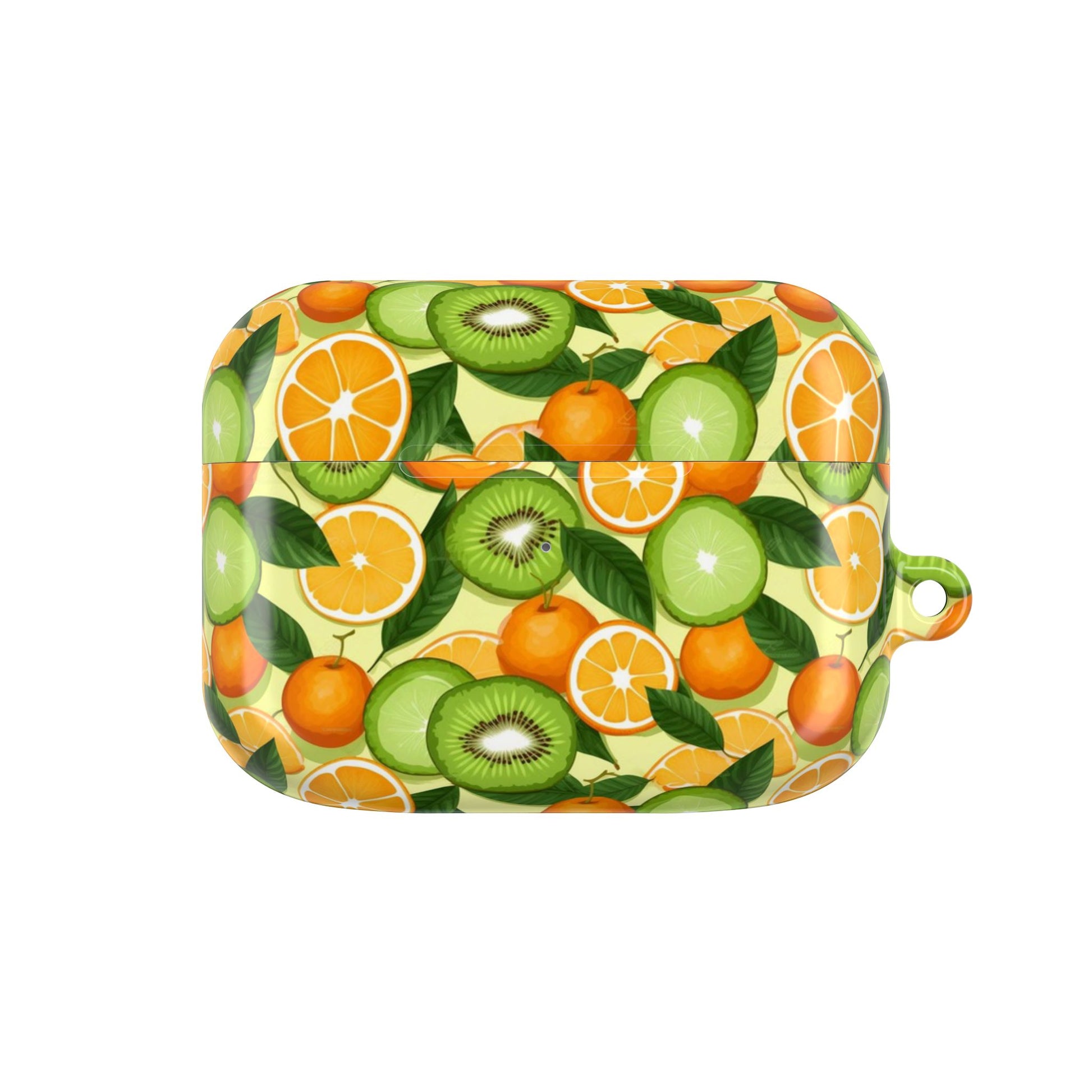 Rectangular pouch with a fruit pattern featuring kiwis and oranges on a white background