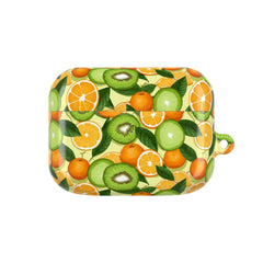 Rectangular pouch with a fruit pattern featuring kiwis and oranges on a white background