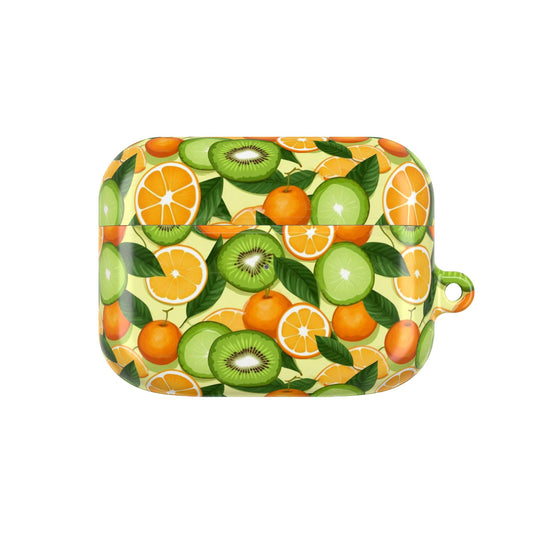 Rectangular pouch with a fruit pattern featuring kiwis and oranges on a white background