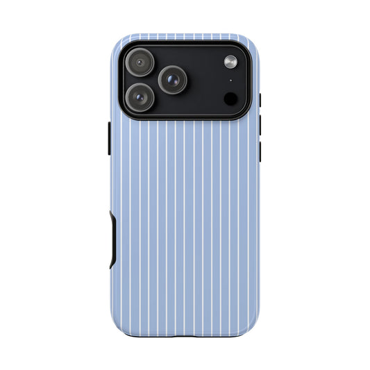 Phone case with blue vertical stripes on a white background