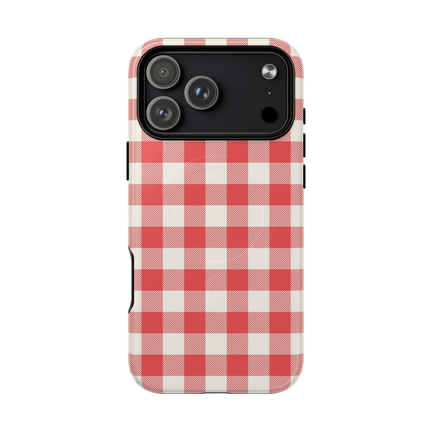 Phone case with red and white checkered pattern on a white background