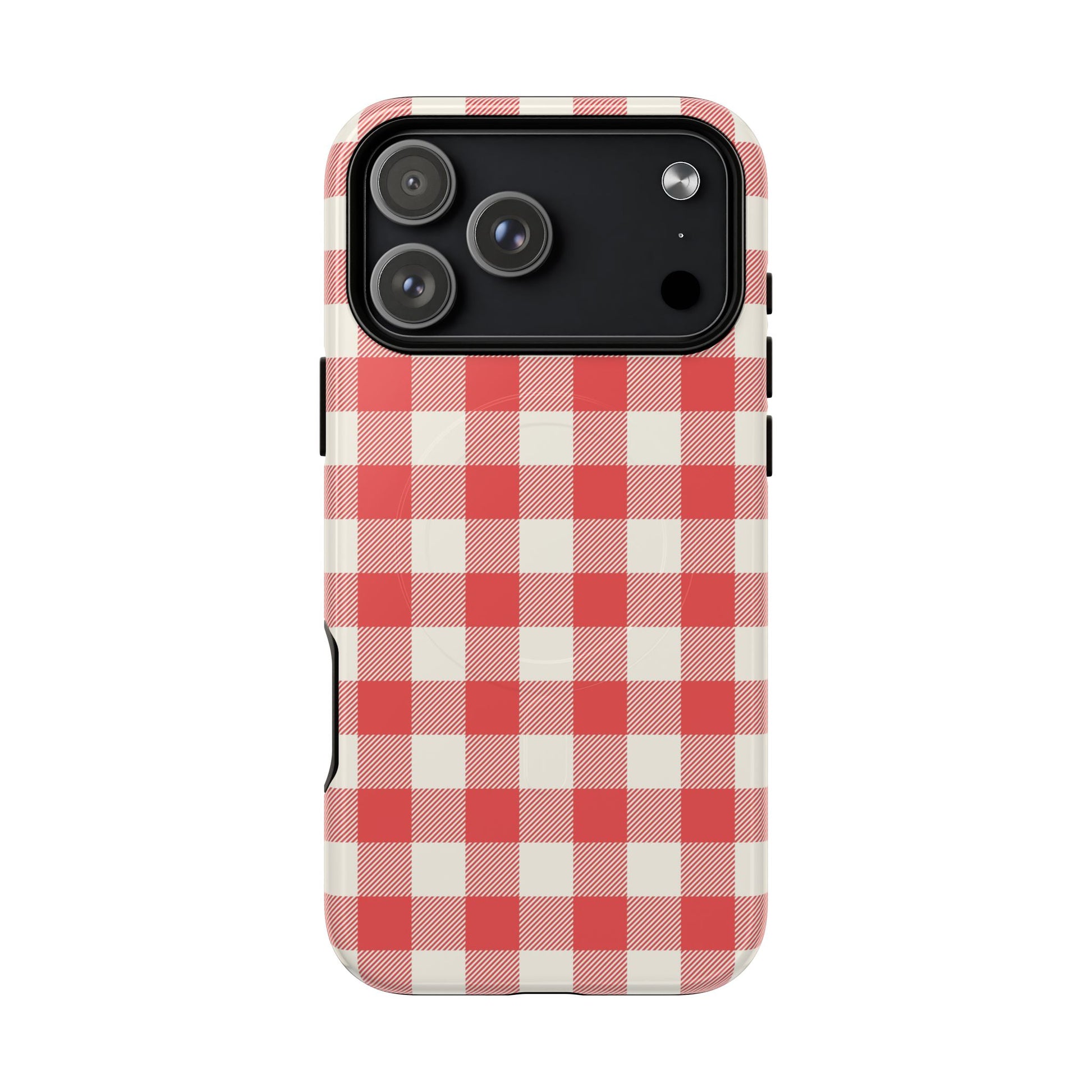 Phone case with red and white checkered pattern on a white background