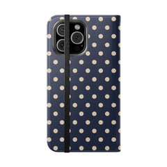 Phone case with a navy blue background and white polka dots on a white background