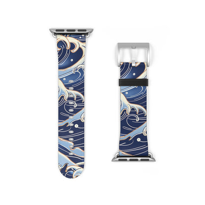 Two watch straps with blue and gold pattern on a white background