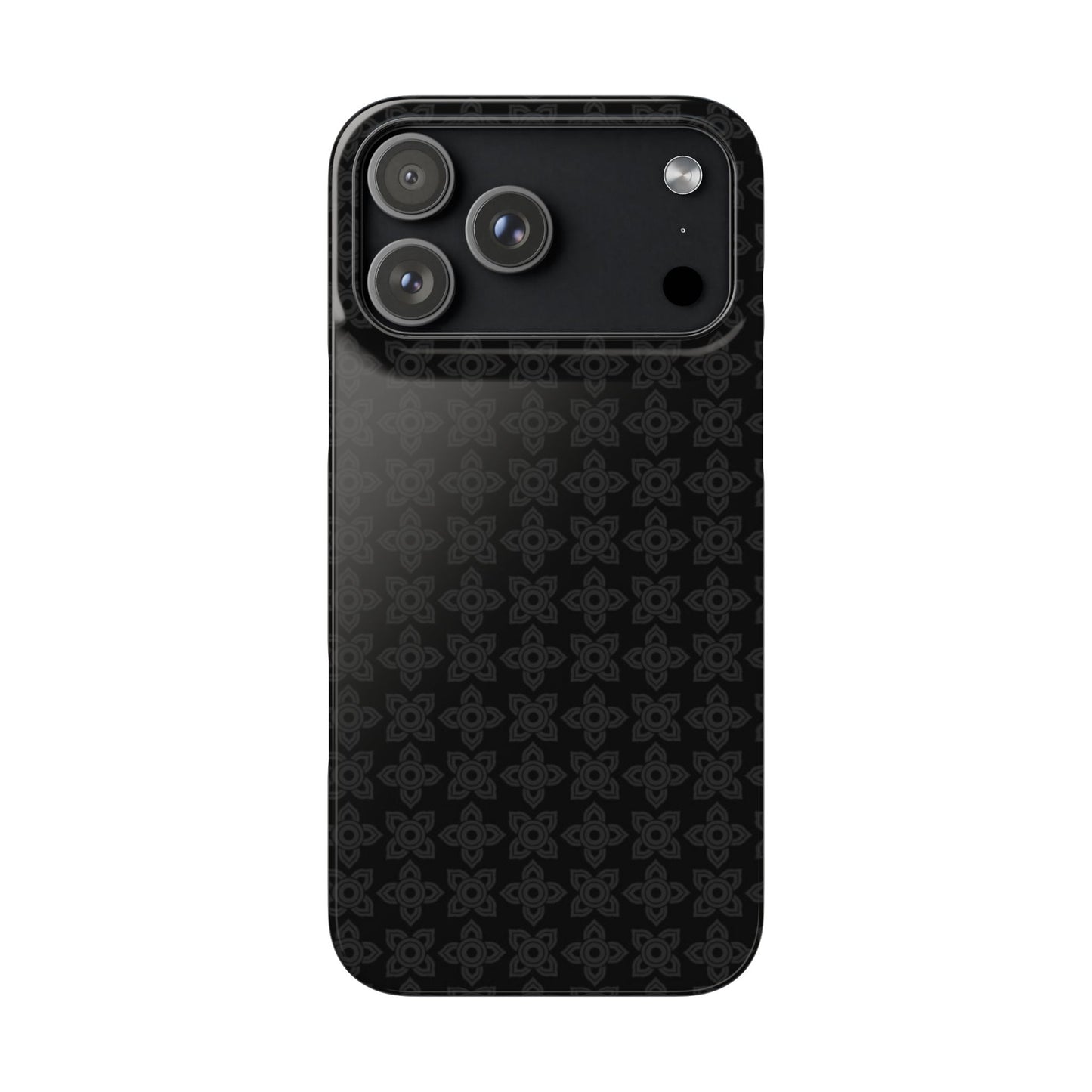 Black phone case with geometric pattern on a white background