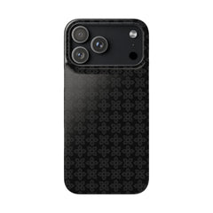 Black phone case with geometric pattern on a white background