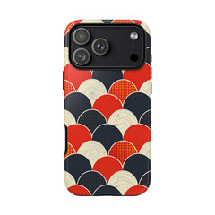 Phone case with a colorful geometric pattern on a white background
