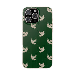 Phone case with bird pattern on a green background