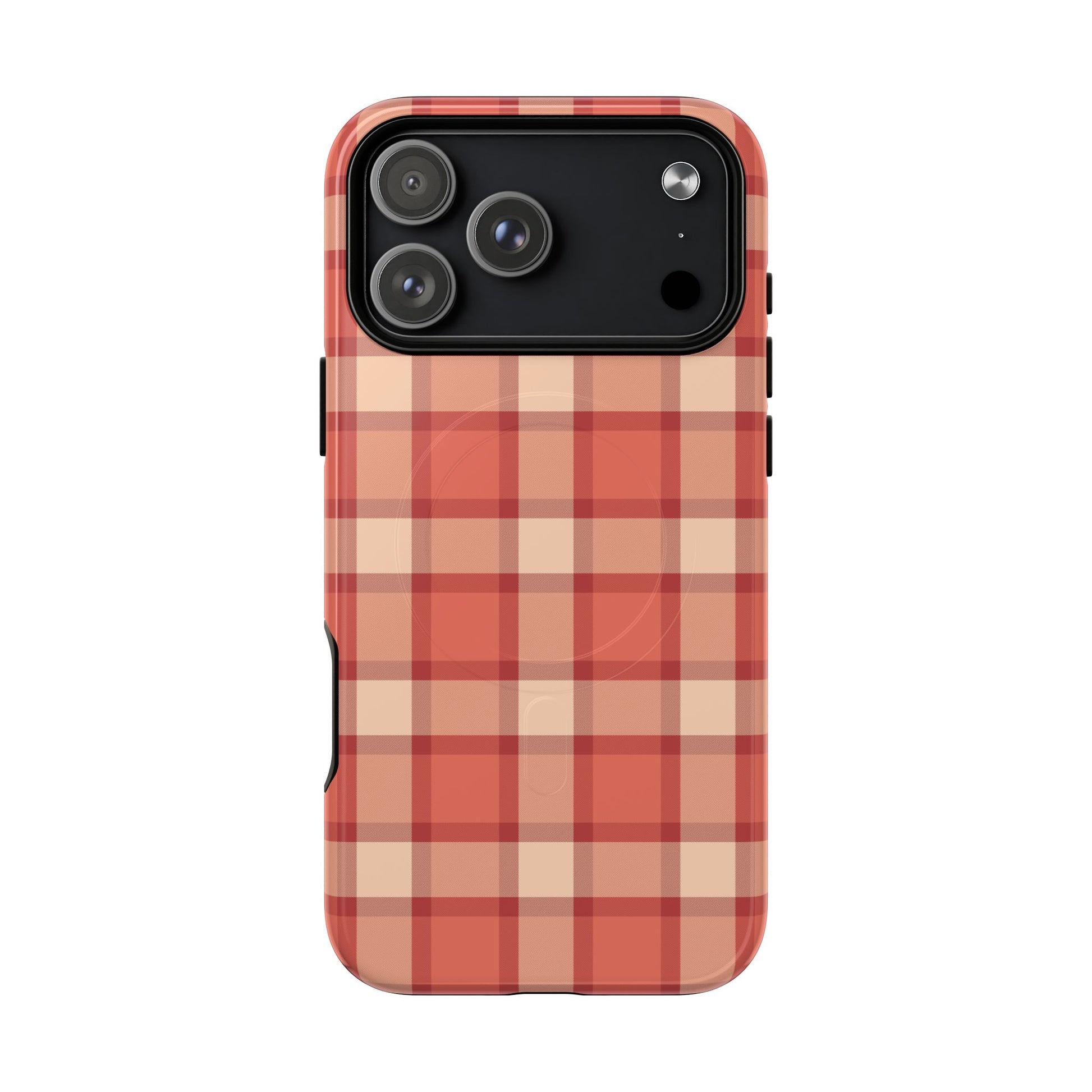 Phone case with a red and beige plaid pattern on a white background