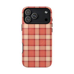 Phone case with a red and beige plaid pattern on a white background