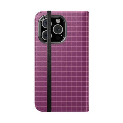 Phone case with purple grid pattern and black strap on a white background