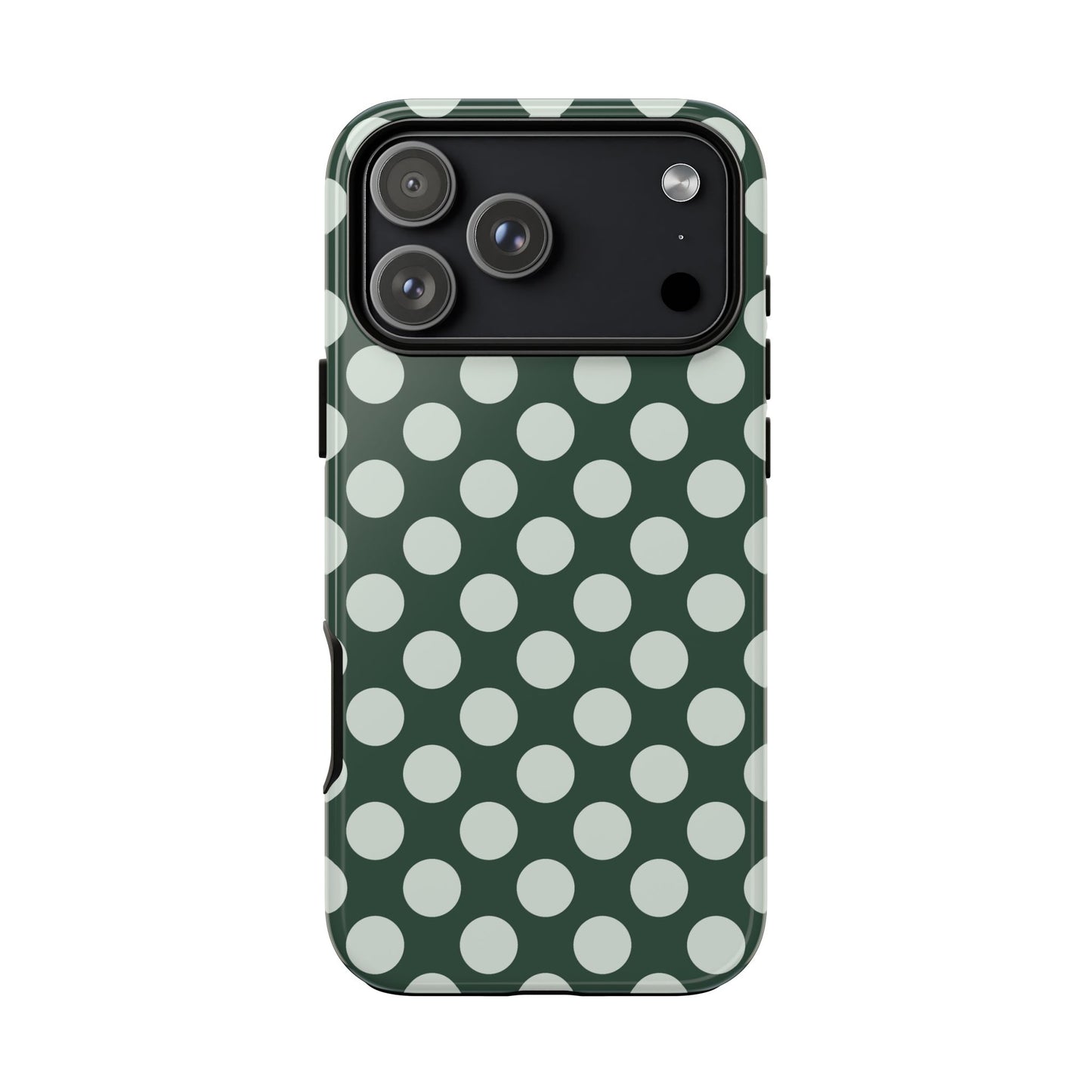 Phone case with green background and white polka dots on a white background