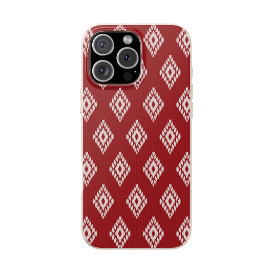 Phone case with red and white geometric pattern on a white background