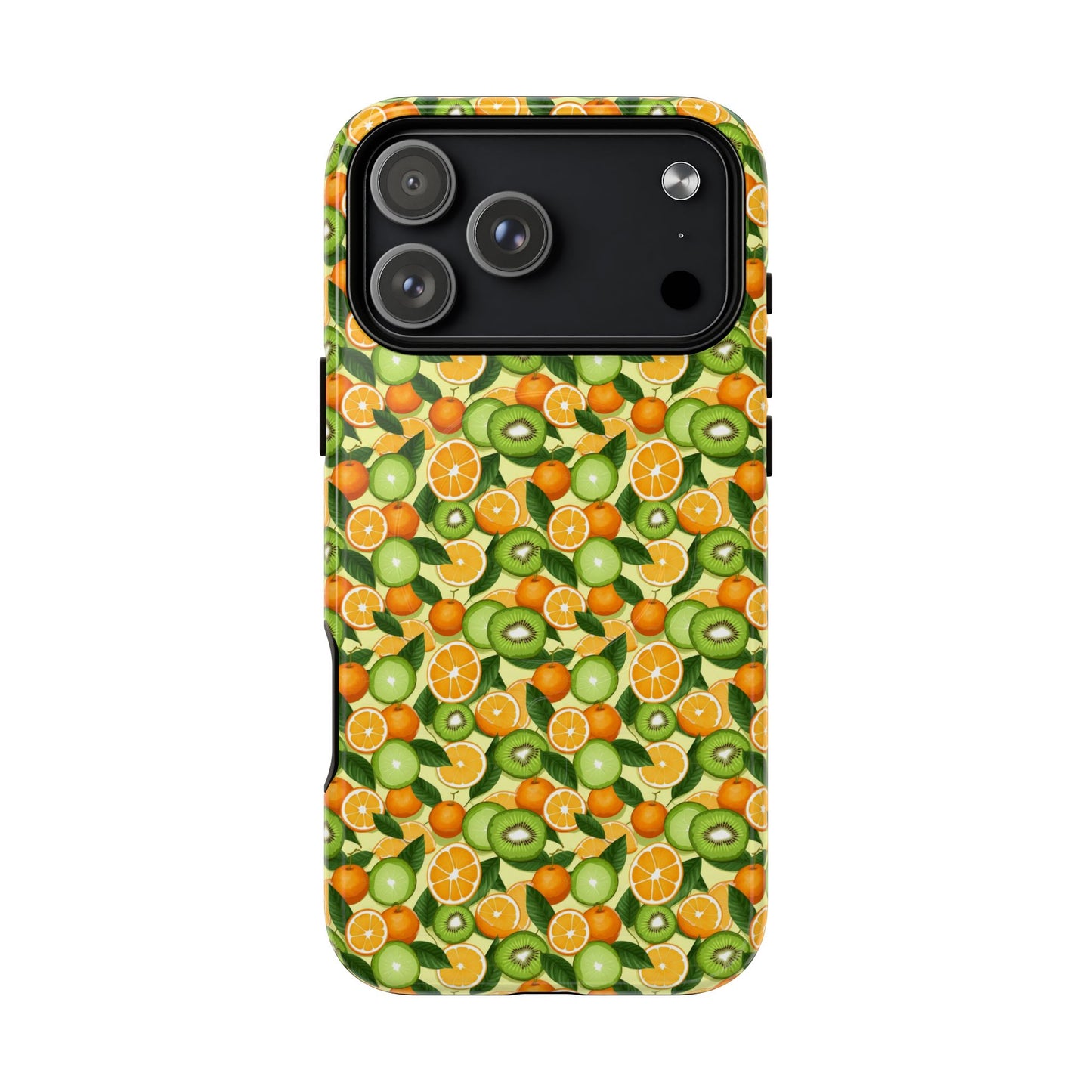 Phone case with a colorful fruit pattern on a white background
