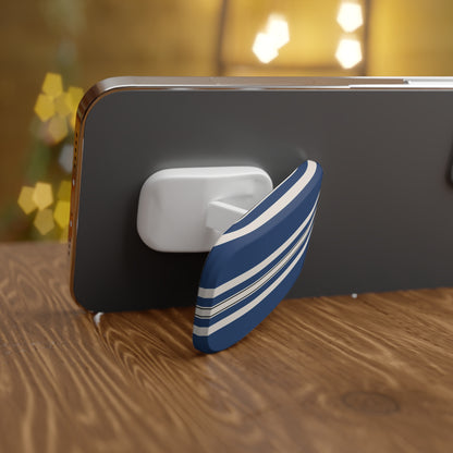 Blue and white striped airpods on a wooden surface with a blurred background