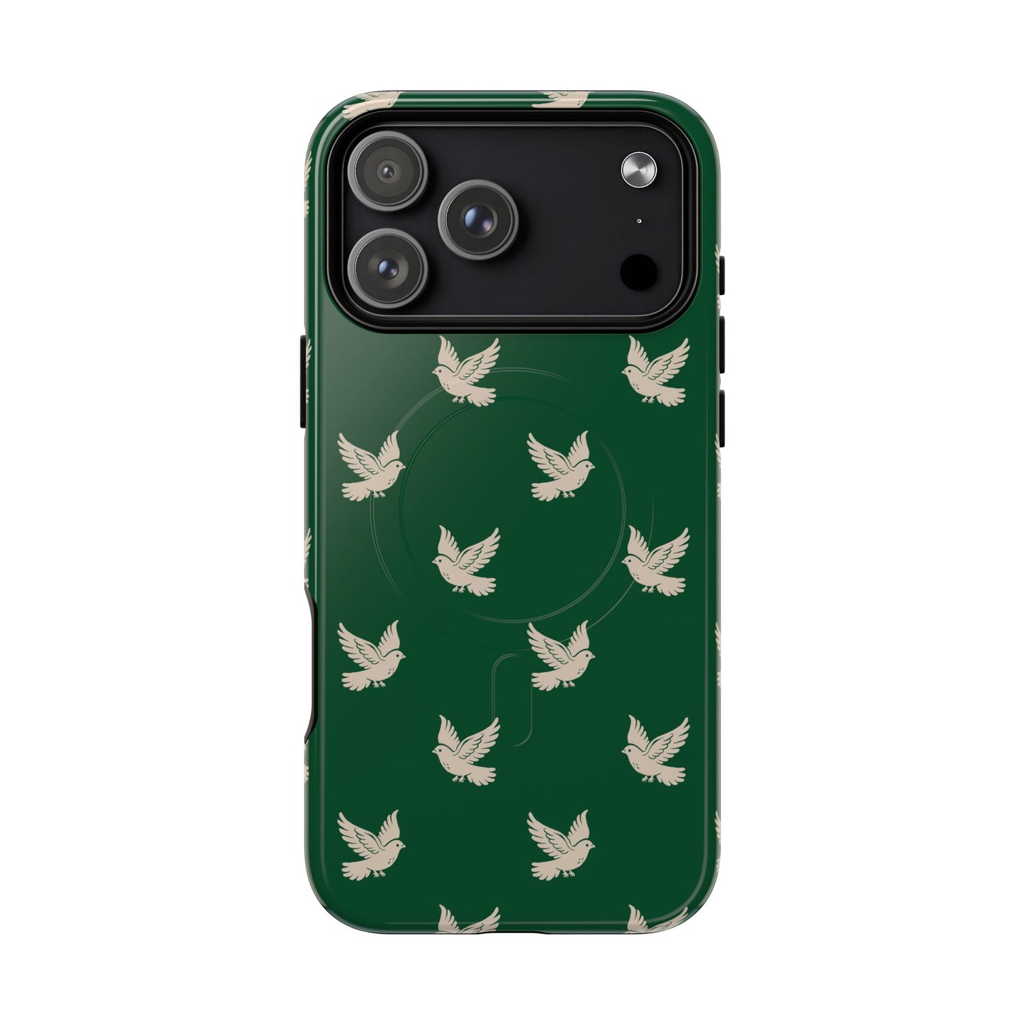 Phone case with bird pattern on a green background